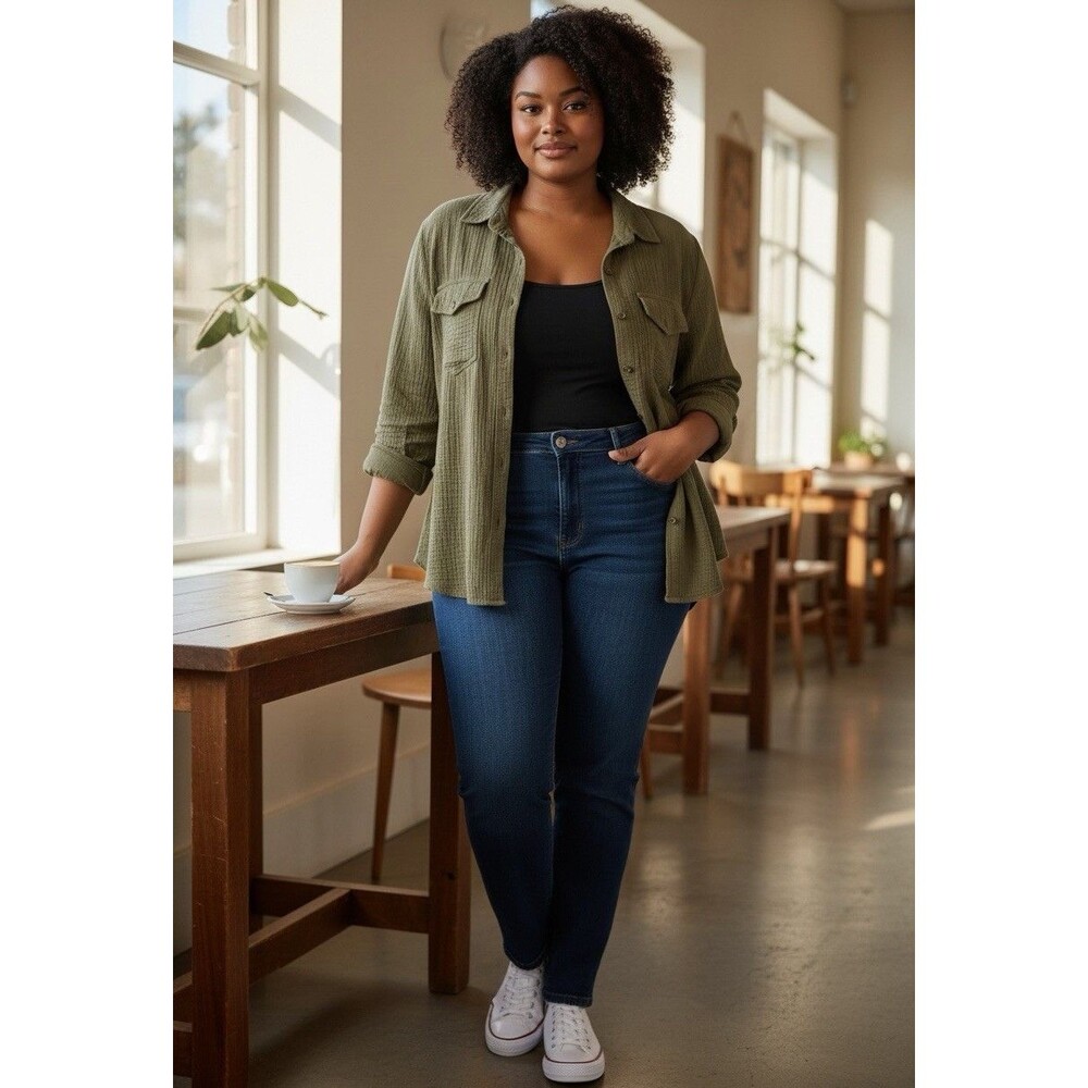 Grace + Karma Women’s XL Olive Green Double Gauze Cotton Button Down Utility